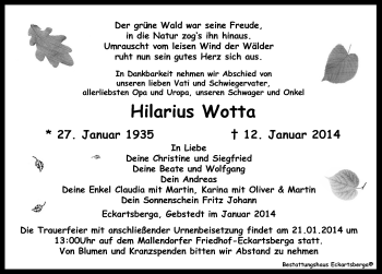 Traueranzeige von Hilarius Wotta von Mitteldeutsche Zeitung Naumburg/Nebra