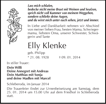 Traueranzeige von Elly Klenke von Mitteldeutsche Zeitung Naumburg/Nebra