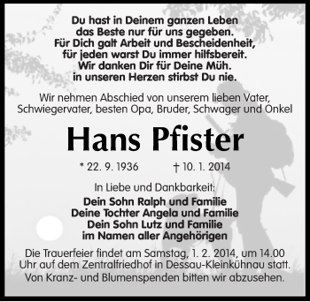 Traueranzeige von Hans Pfister von Mitteldeutsche Zeitung Dessau-Roßlau