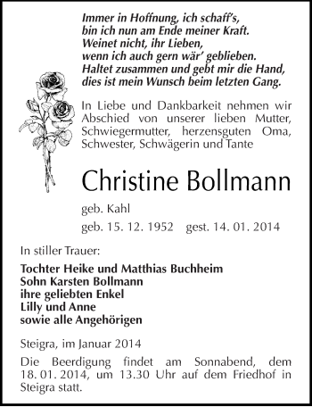 Traueranzeige von Christine Bollmann von Mitteldeutsche Zeitung Merseburg/Querfurt