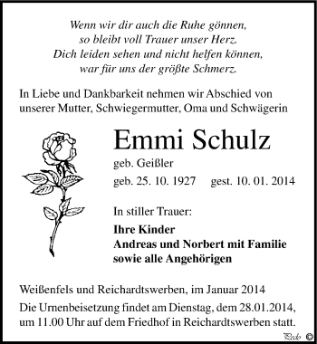 Traueranzeige von Emmi Schulz von Mitteldeutsche Zeitung Weißenfels