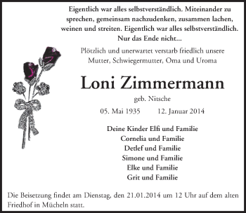 Traueranzeige von Loni Zimmermann von Mitteldeutsche Zeitung Merseburg/Querfurt