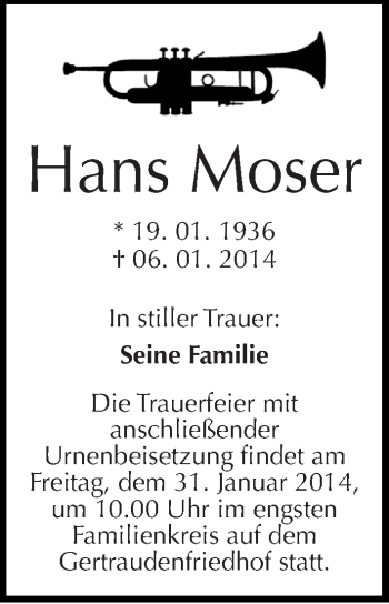 Traueranzeige von Hans Moser von Mitteldeutsche Zeitung Halle/Saalkreis