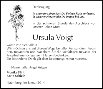 Traueranzeige von Ursula Voigt von Mitteldeutsche Zeitung Naumburg/Nebra