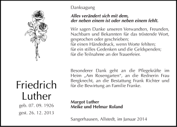Traueranzeige von Friedrich Luther von Mitteldeutsche Zeitung Sangerhausen