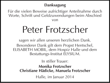 Traueranzeige von Peter Frotzscher von Mitteldeutsche Zeitung Halle/Saalkreis