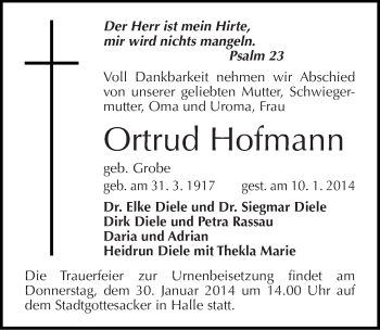Traueranzeige von Ortrud Hofmann von Mitteldeutsche Zeitung Halle/Saalkreis