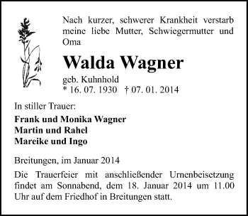 Traueranzeige von Walda Wagner von Mitteldeutsche Zeitung Sangerhausen