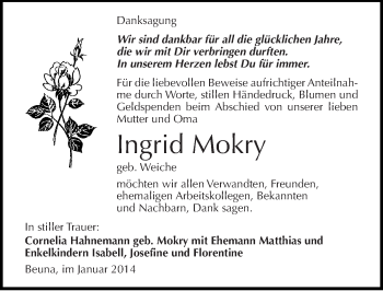 Traueranzeige von Ingrid Mokry von Mitteldeutsche Zeitung Merseburg/Querfurt