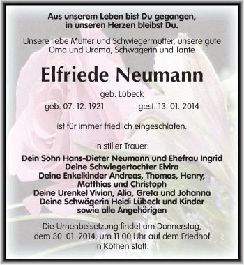 Traueranzeige von Elfriede Neumann von Mitteldeutsche Zeitung Köthen