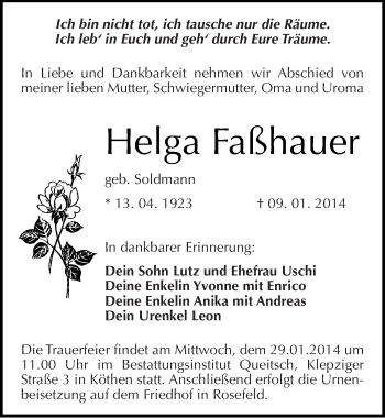 Traueranzeige von Helga Faßhauer von Mitteldeutsche Zeitung Köthen
