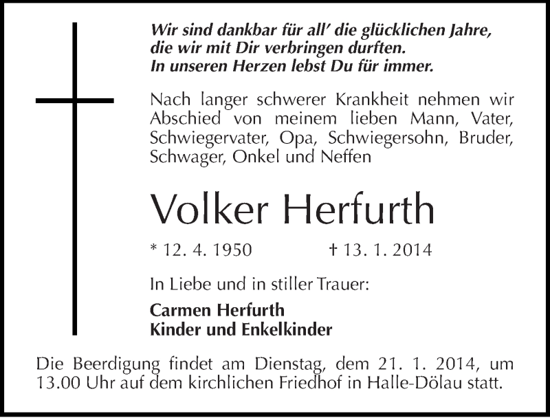  Traueranzeige für Volker Herfurth vom 16.01.2014 aus Mitteldeutsche Zeitung