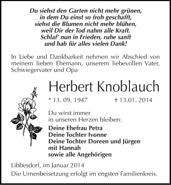 Traueranzeige von Herbert Knoblauch von Mitteldeutsche Zeitung Köthen