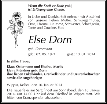Traueranzeige von Else Dorn von Mitteldeutsche Zeitung Sangerhausen