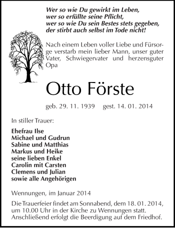 Traueranzeige von Otto Förste von Mitteldeutsche Zeitung Naumburg/Nebra