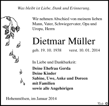 Traueranzeige von Dietmar Müller von Mitteldeutsche Zeitung Weißenfels
