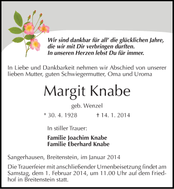 Traueranzeige von Margit Knabe von Mitteldeutsche Zeitung Sangerhausen