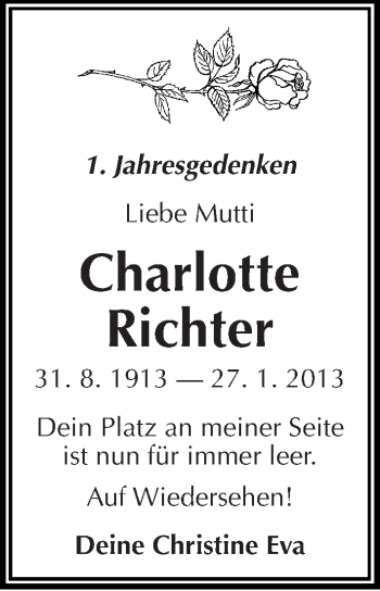 Traueranzeige von Charlotte  Richter von Mitteldeutsche Zeitung Dessau-Roßlau
