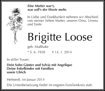 Traueranzeige von Brigitte Loose von Mitteldeutsche Zeitung Mansfelder Land