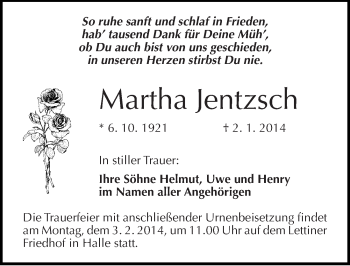 Traueranzeige von Martha Jentzsch von Mitteldeutsche Zeitung Halle/Saalkreis