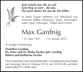 Traueranzeige von Max Gardnig von Mitteldeutsche Zeitung Halle/Saalkreis