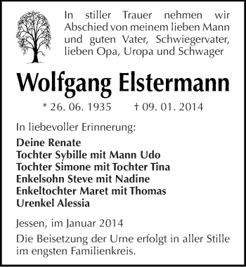 Traueranzeige von Wolfgang Elstermann von Mitteldeutsche Zeitung Wittenberg
