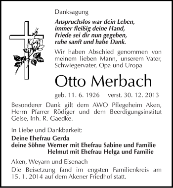 Traueranzeige von Otto Merbach von Mitteldeutsche Zeitung Köthen