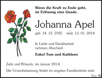 Traueranzeige von Johanna Apel von Mitteldeutsche Zeitung Zeitz