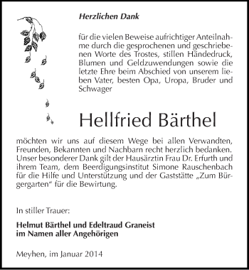 Traueranzeige von Hellfried Bärthel von Mitteldeutsche Zeitung Naumburg/Nebra