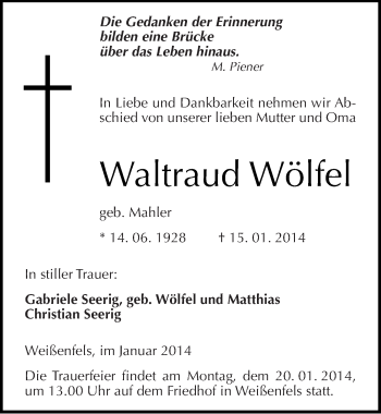Traueranzeige von Waltraud Wölfel von Mitteldeutsche Zeitung Weißenfels
