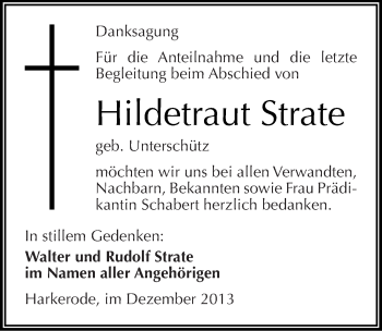 Traueranzeige von Hildetraut Strate von Mitteldeutsche Zeitung Mansfelder Land