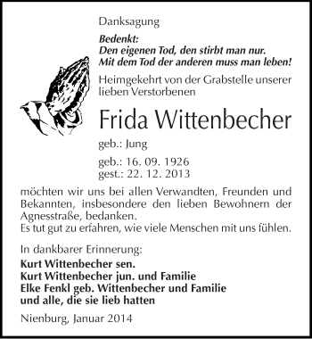 Traueranzeige von Frida Wittenbecher von Mitteldeutsche Zeitung Bernburg
