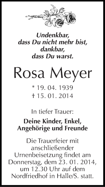 Traueranzeige von Rosa Meyer von Mitteldeutsche Zeitung Halle/Saalkreis