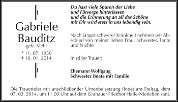 Traueranzeige von Gabriele Bauditz von Mitteldeutsche Zeitung Halle/Saalkreis