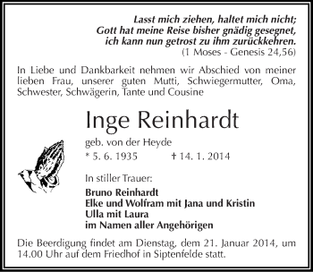 Traueranzeige von Inge Reinhardt von Mitteldeutsche Zeitung Quedlinburg