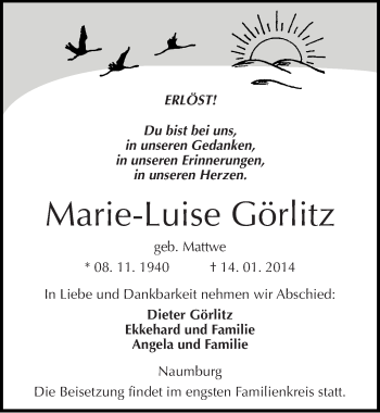 Traueranzeige von Marie-Luise Görlitz von Mitteldeutsche Zeitung Naumburg/Nebra