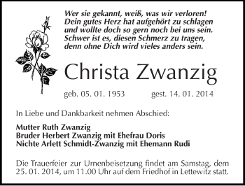 Traueranzeige von Christa Zwanzig von Mitteldeutsche Zeitung Halle/Saalkreis