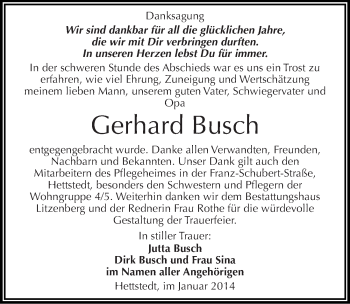 Traueranzeige von Gerhard Busch von Mitteldeutsche Zeitung Mansfelder Land
