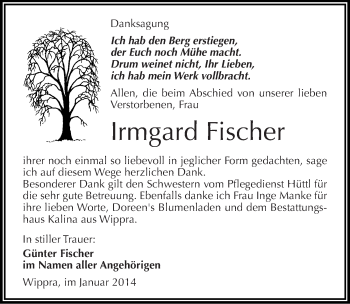 Traueranzeige von Irmgard Fischer von Mitteldeutsche Zeitung Mansfelder Land