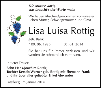 Traueranzeige von Lisa Luisa Rottig von Mitteldeutsche Zeitung Naumburg/Nebra
