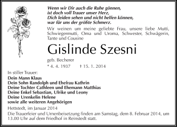Traueranzeige von Gislinde Szesni von Mitteldeutsche Zeitung Mansfelder Land
