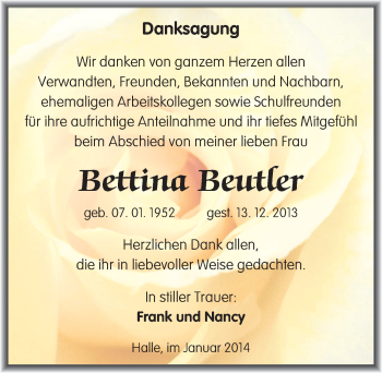 Traueranzeige von Bettina Beutler von Mitteldeutsche Zeitung