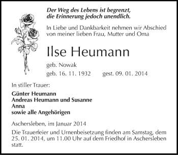Traueranzeige von Ilse Heumann von Mitteldeutsche Zeitung Aschersleben