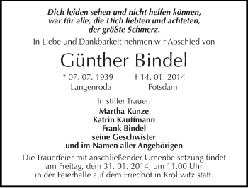 Traueranzeige von Günther Bindel von Mitteldeutsche Zeitung Halle/Saalkreis