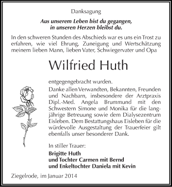 Traueranzeige von Wilfried Huth von Mitteldeutsche Zeitung Mansfelder Land