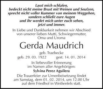 Traueranzeige von Gerda Maudrich von Mitteldeutsche Zeitung Weißenfels