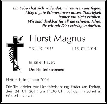 Traueranzeige von Horst Magnus von Mitteldeutsche Zeitung Mansfelder Land