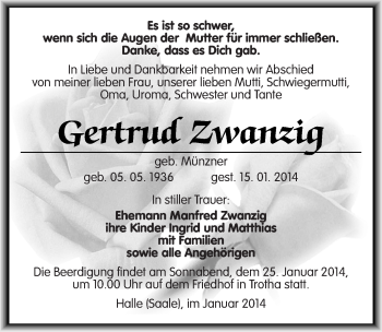 Traueranzeige von Gertrud Zwanzig von Mitteldeutsche Zeitung Halle/Saalkreis