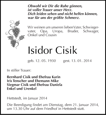 Traueranzeige von Isidor Cisik von Mitteldeutsche Zeitung Mansfelder Land