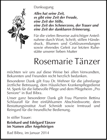 Traueranzeige von Rosemarie Tänzer von Mitteldeutsche Zeitung Naumburg/Nebra